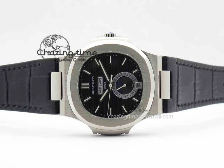 BestValue Nautilus 5726 Moonphase SS Black Textured Dial On Black Leather Strap 9055