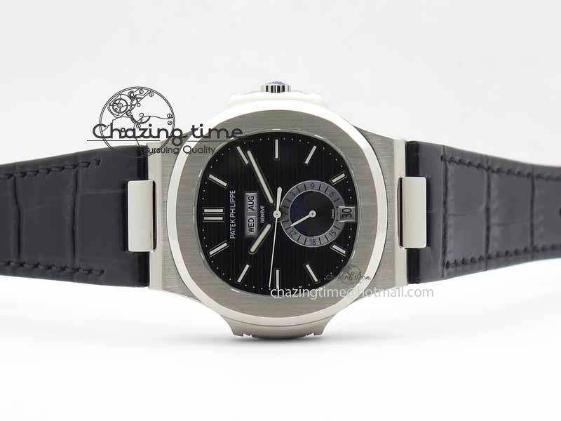 BestValue Nautilus 5726 Moonphase SS Black Textured Dial On Black Leather Strap 9055