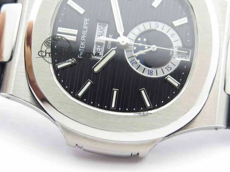 BestValue Nautilus 5726 Moonphase SS Black Textured Dial On Black Leather Strap 9055