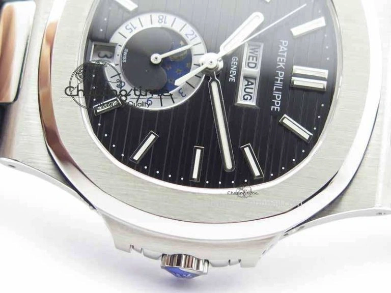 BestValue Nautilus 5726 Moonphase SS Black Textured Dial On Black Leather Strap 9055