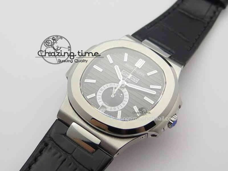 BestValue Nautilus 5726 Moonphase SS Black Textured Dial On Black Leather Strap 9055