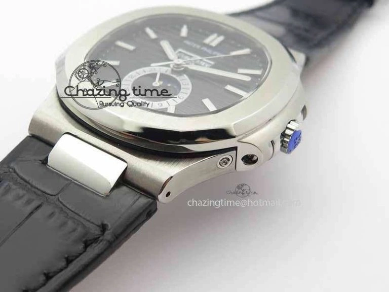 BestValue Nautilus 5726 Moonphase SS Black Textured Dial On Black Leather Strap 9055