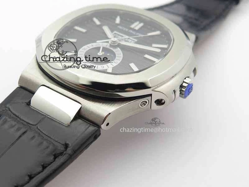 BestValue Nautilus 5726 Moonphase SS Black Textured Dial On Black Leather Strap 9055