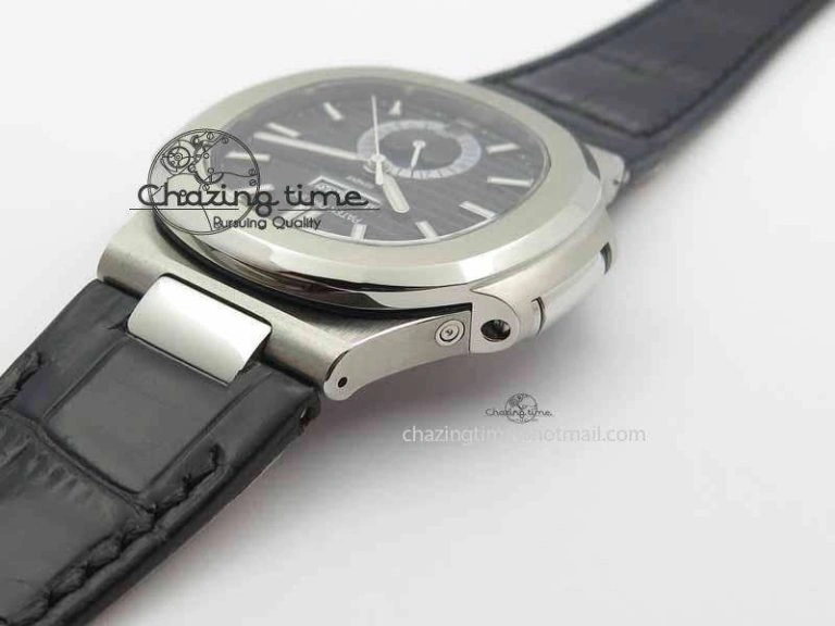 BestValue Nautilus 5726 Moonphase SS Black Textured Dial On Black Leather Strap 9055
