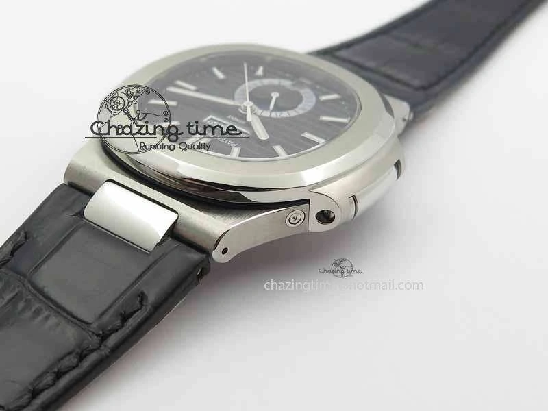 BestValue Nautilus 5726 Moonphase SS Black Textured Dial On Black Leather Strap 9055