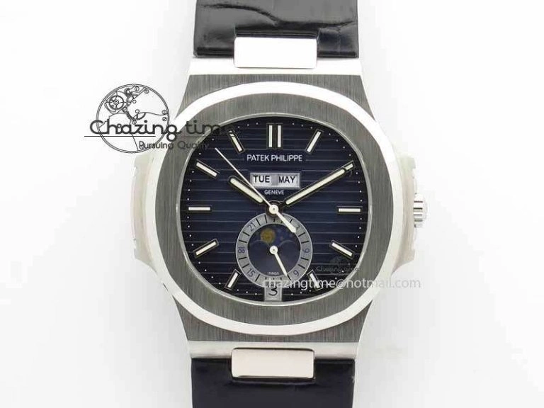 Nautilus 5726 Moonphase SS Blue Textured Dial On Black Leather Strap SmartChoice 9056