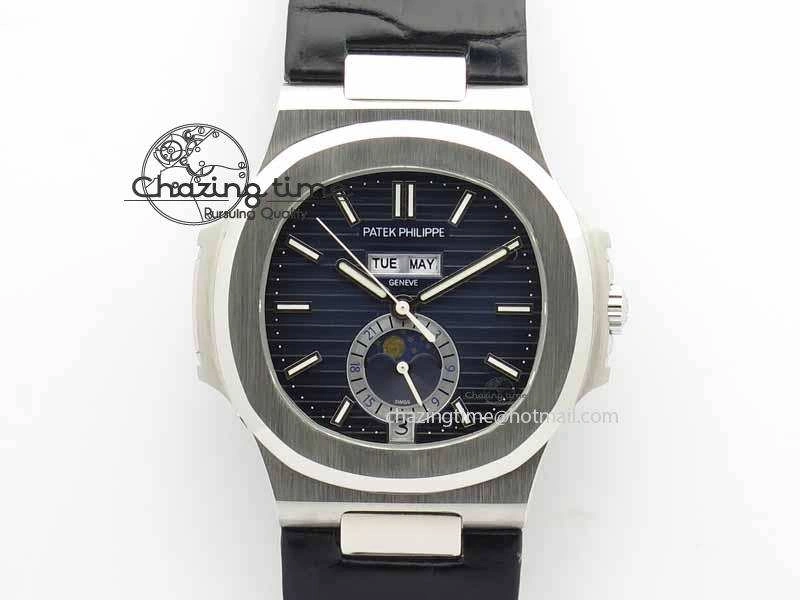 Nautilus 5726 Moonphase SS Blue Textured Dial On Black Leather Strap SmartChoice 9056