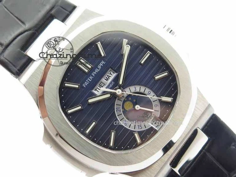 Nautilus 5726 Moonphase SS Blue Textured Dial On Black Leather Strap SmartChoice 9056