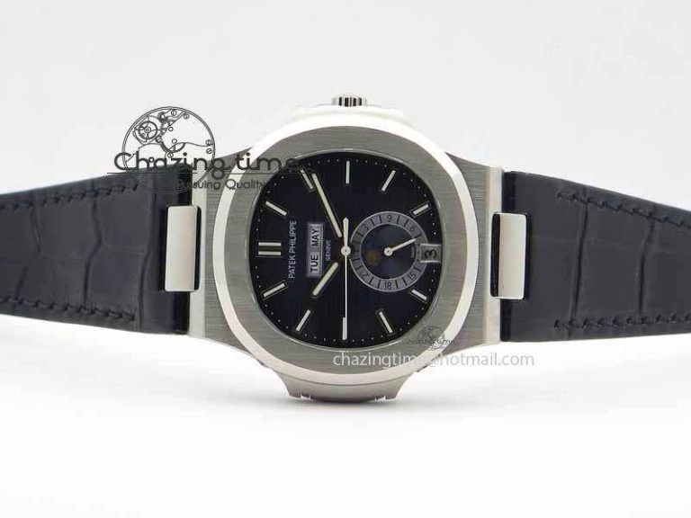 Nautilus 5726 Moonphase SS Blue Textured Dial On Black Leather Strap SmartChoice 9056