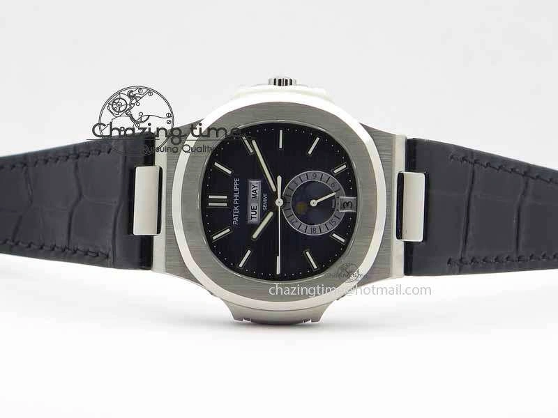 Nautilus 5726 Moonphase SS Blue Textured Dial On Black Leather Strap SmartChoice 9056