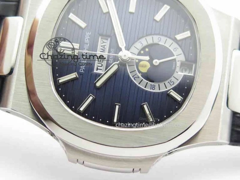Nautilus 5726 Moonphase SS Blue Textured Dial On Black Leather Strap SmartChoice 9056