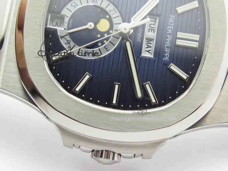 Nautilus 5726 Moonphase SS Blue Textured Dial On Black Leather Strap SmartChoice 9056