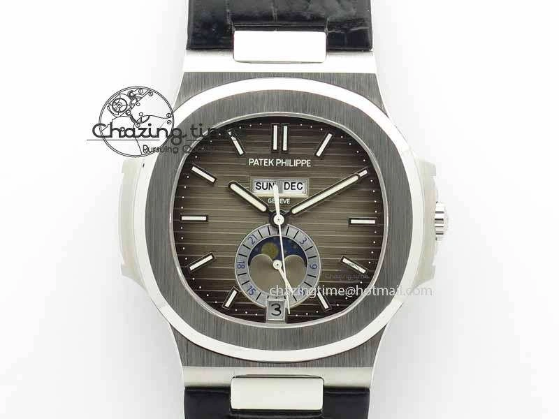Nautilus 5726 Moonphase SS Gray Textured Dial On Black Leather Strap BestValue 9058