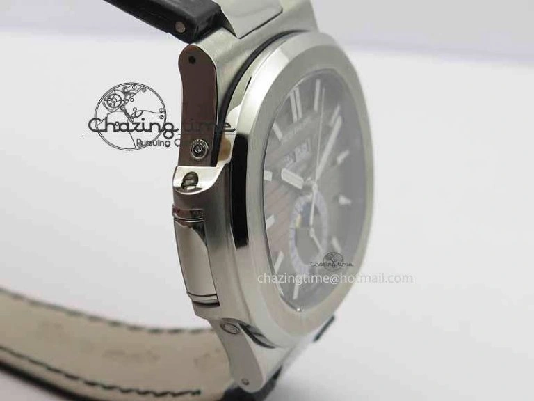 Nautilus 5726 Moonphase SS Gray Textured Dial On Black Leather Strap BestValue 9058