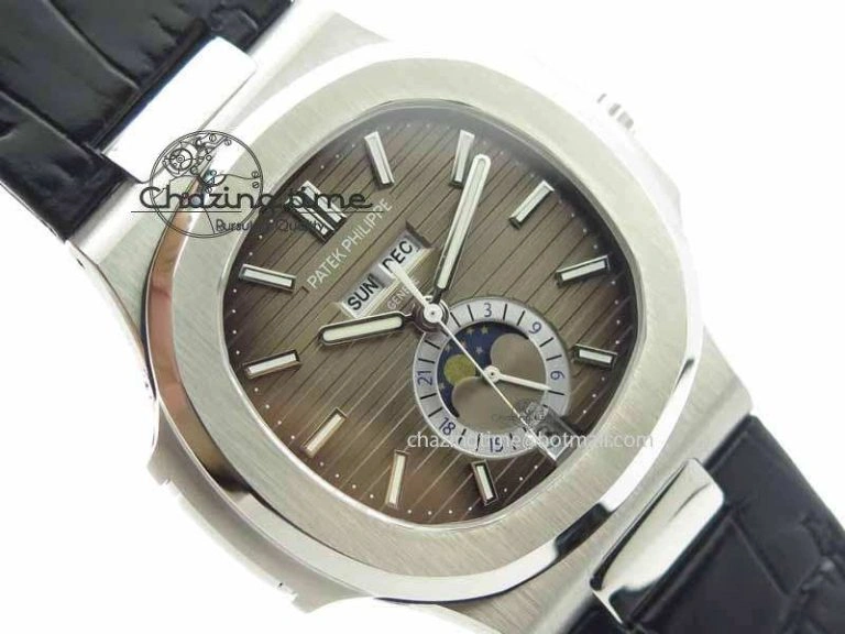 Nautilus 5726 Moonphase SS Gray Textured Dial On Black Leather Strap BestValue 9058