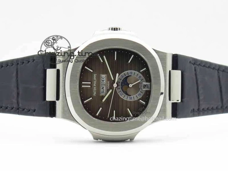 Nautilus 5726 Moonphase SS Gray Textured Dial On Black Leather Strap BestValue 9058