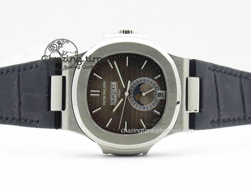 Nautilus 5726 Moonphase SS Gray Textured Dial On Black Leather Strap BestValue 9058