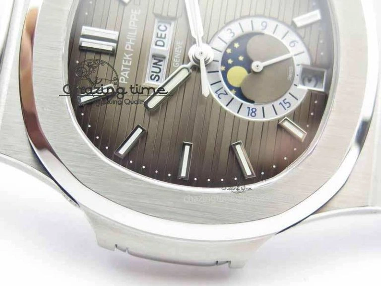 Nautilus 5726 Moonphase SS Gray Textured Dial On Black Leather Strap BestValue 9058