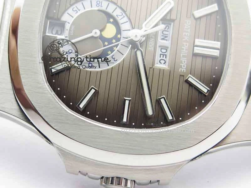 Nautilus 5726 Moonphase SS Gray Textured Dial On Black Leather Strap BestValue 9058