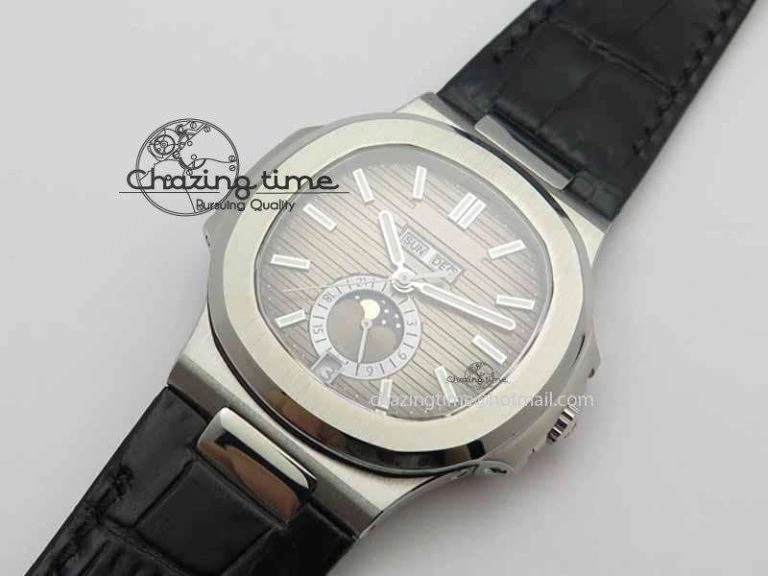 Nautilus 5726 Moonphase SS Gray Textured Dial On Black Leather Strap BestValue 9058