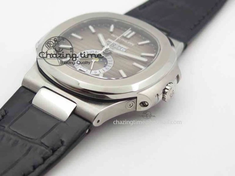 Nautilus 5726 Moonphase SS Gray Textured Dial On Black Leather Strap BestValue 9058