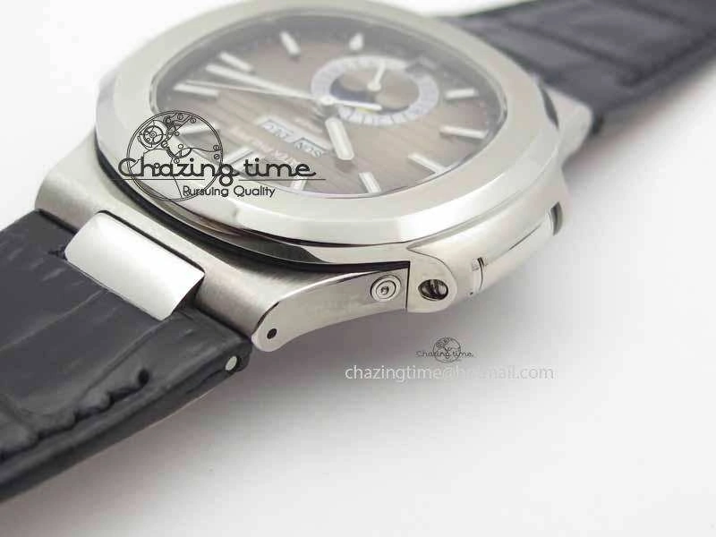 Nautilus 5726 Moonphase SS Gray Textured Dial On Black Leather Strap BestValue 9058