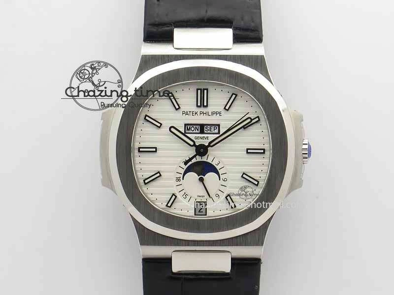 Nautilus 5726 Moonphase SS White Textured Dial On Black Leather Strap Sophisticated 9057