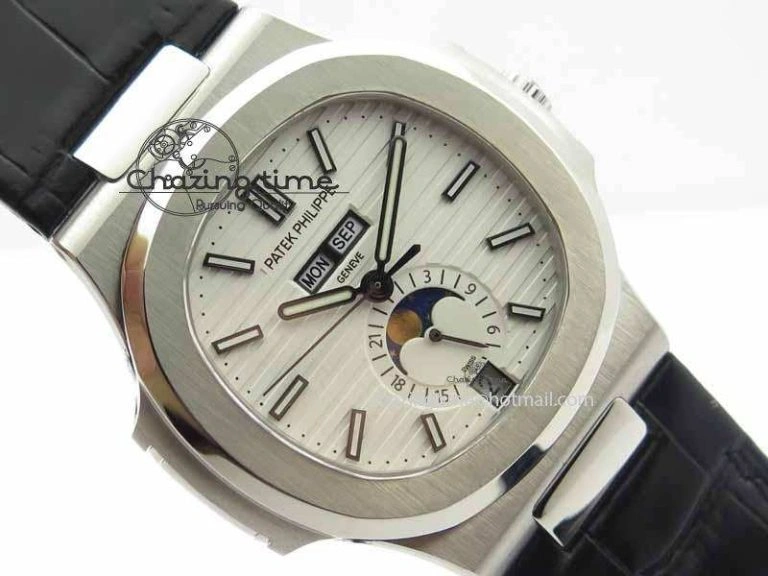 Nautilus 5726 Moonphase SS White Textured Dial On Black Leather Strap Sophisticated 9057
