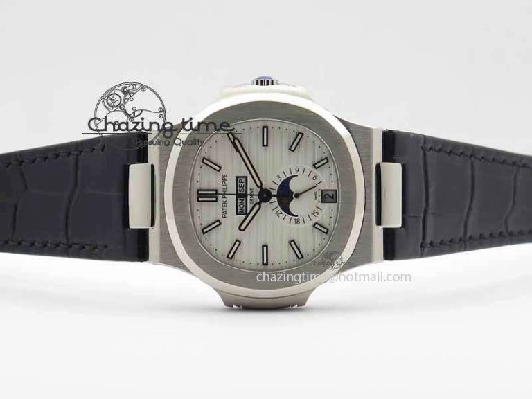 Nautilus 5726 Moonphase SS White Textured Dial On Black Leather Strap Sophisticated 9057