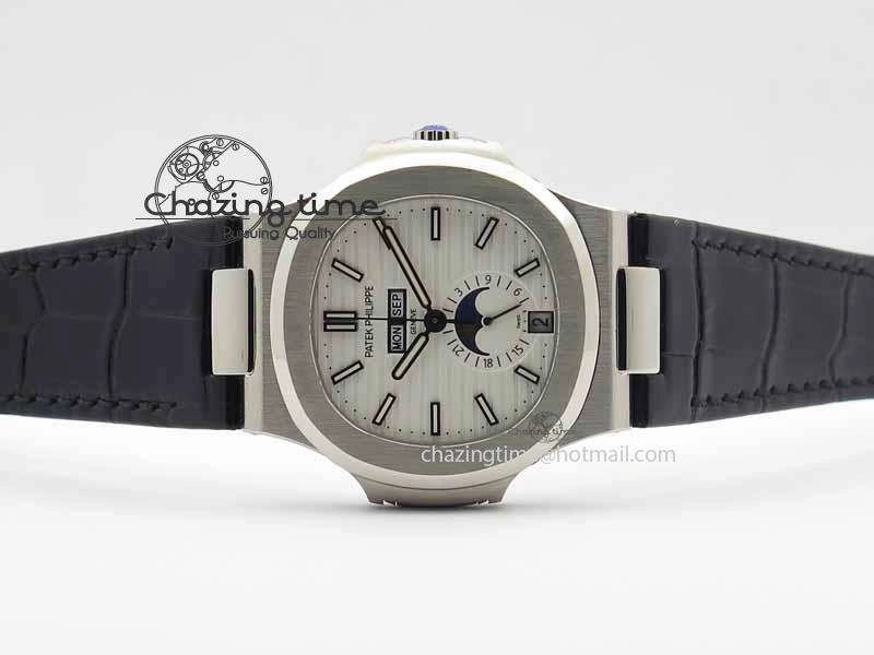 Nautilus 5726 Moonphase SS White Textured Dial On Black Leather Strap Sophisticated 9057