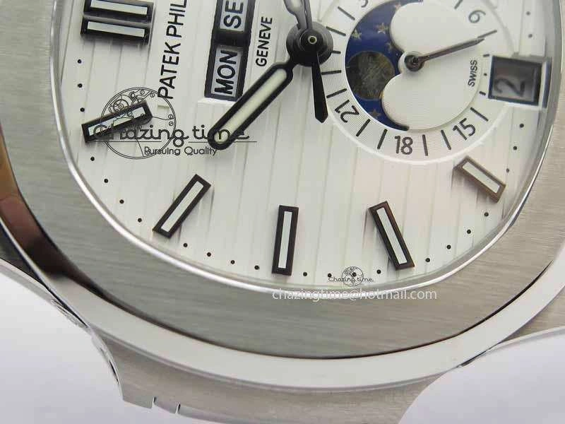 Nautilus 5726 Moonphase SS White Textured Dial On Black Leather Strap Sophisticated 9057