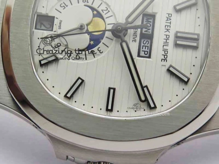 Nautilus 5726 Moonphase SS White Textured Dial On Black Leather Strap Sophisticated 9057