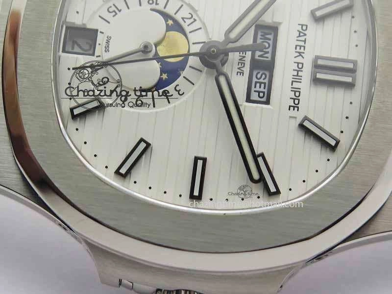 Nautilus 5726 Moonphase SS White Textured Dial On Black Leather Strap Sophisticated 9057
