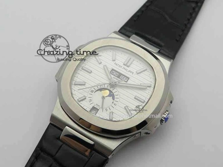 Nautilus 5726 Moonphase SS White Textured Dial On Black Leather Strap Sophisticated 9057