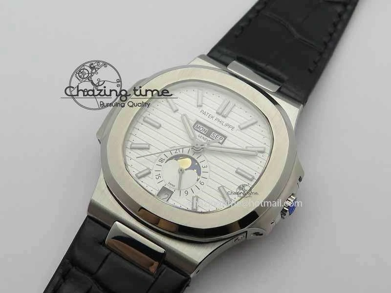 Nautilus 5726 Moonphase SS White Textured Dial On Black Leather Strap Sophisticated 9057