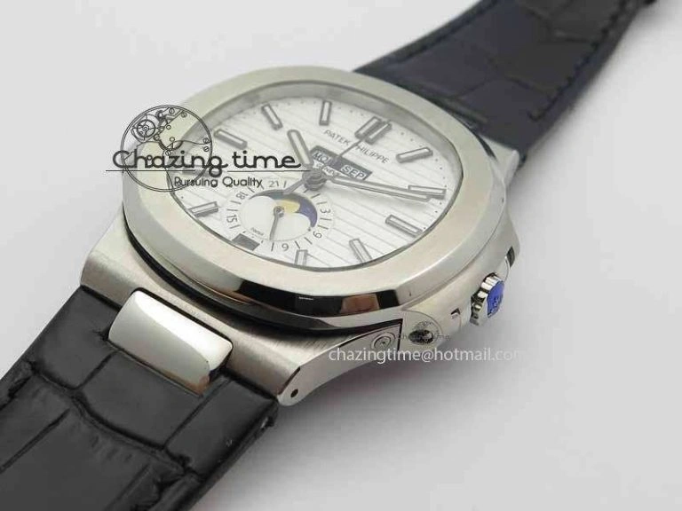 Nautilus 5726 Moonphase SS White Textured Dial On Black Leather Strap Sophisticated 9057