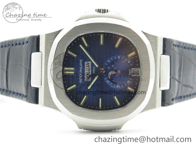Stylish Nautilus 5726 PF Best Edition Blue Dial Working Annual Calendar On Black Croco Leather Strap A. 8950