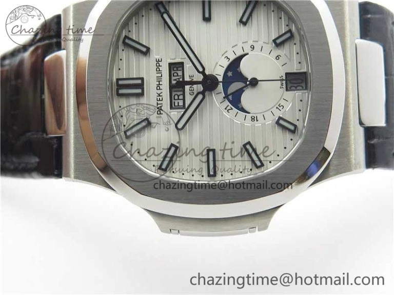 Nautilus 5726 PF Best Edition White Dial Working Annual Calendar On Black Croco Leather Strap A. Durable 8952