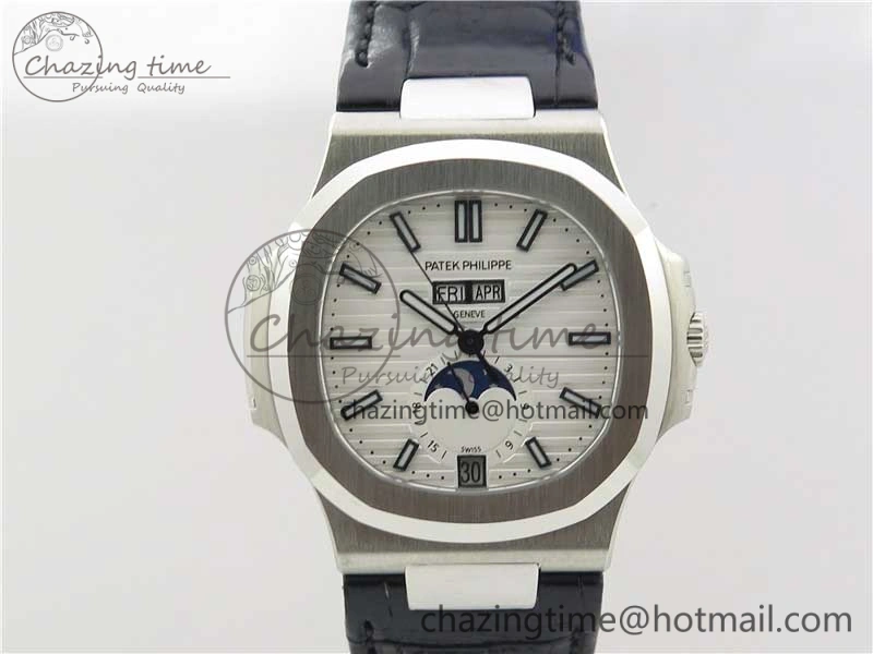 Nautilus 5726 PF Best Edition White Dial Working Annual Calendar On Black Croco Leather Strap A. Durable 8952