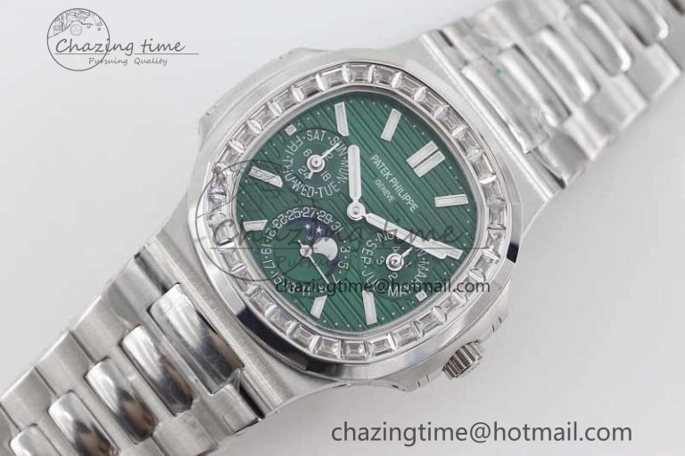 Nautilus 5740 SS GRF Best Edition Green Dial Diamonds Bezel on SS Bracelet A Packable 8833
