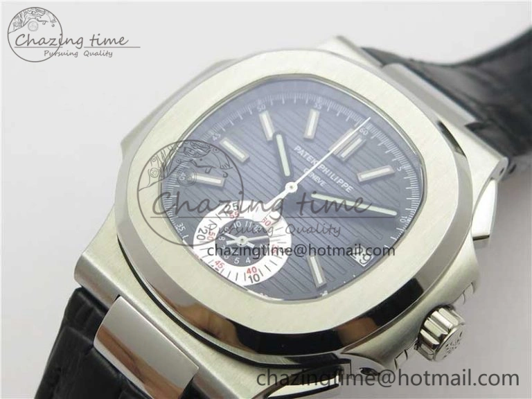 Upgraded Nautilus 5980 SS 3KF Best Edition Blue Dial on Black Leather Strap A 8927