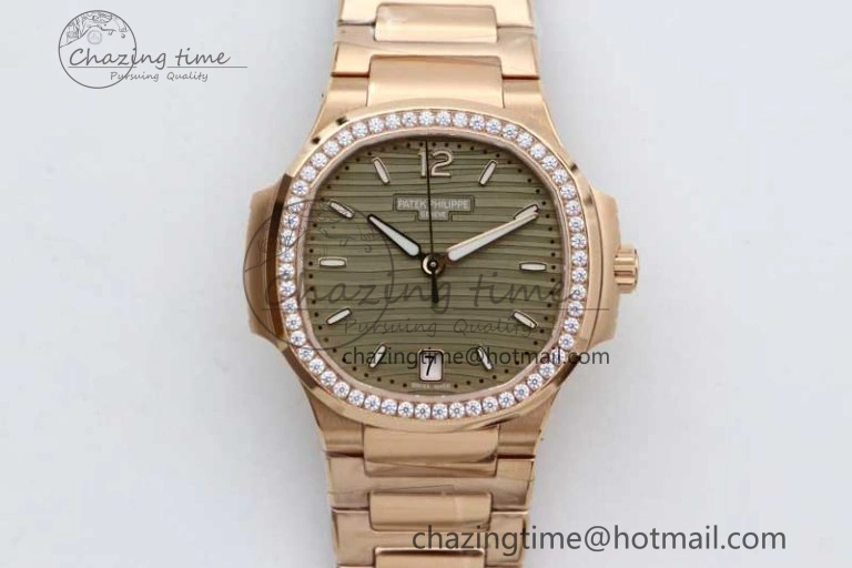 FlexibleFit Nautilus 7118 Ladies RG MSF 1:1 Best Edition Gray Dial Diamonds Bezel on RG Bracelet A324 Super Clone 8806