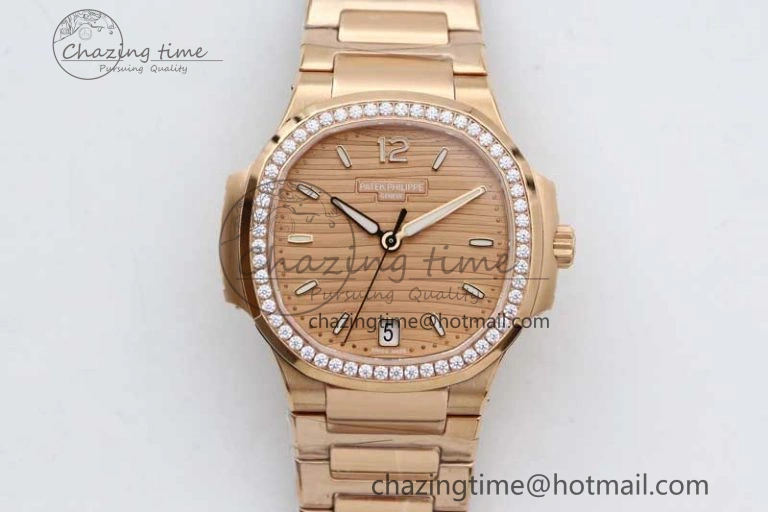 Sophisticated Nautilus 7118 Ladies RG MSF 1:1 Best Edition RG Dial Diamonds Bezel on RG Bracelet A324 Super Clone 8809