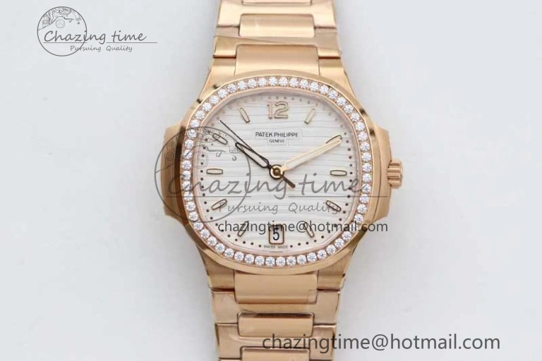 HighPerformance Nautilus 7118 Ladies RG MSF 1:1 Best Edition White Dial Diamonds Bezel on RG Bracelet A324 Super Clone 8807