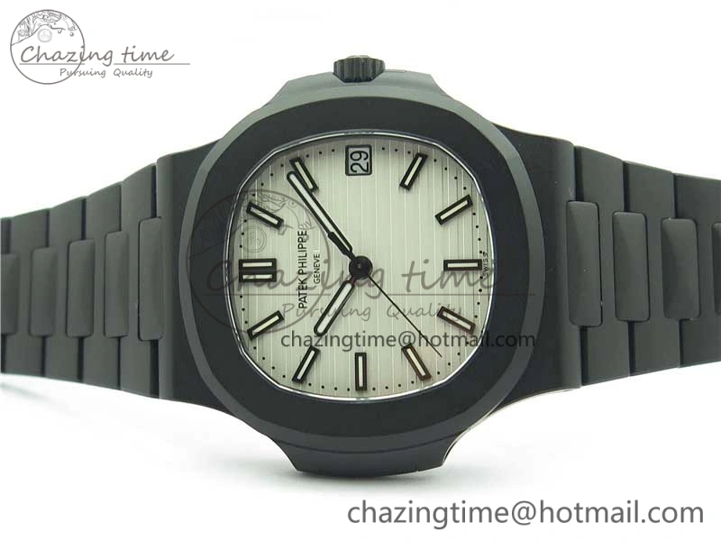 Nautilus Jumbo 5711 DLC PPF 1:1 Best Edition White Textured Dial on DLC Bracelet PPF RelaxedFit 8890