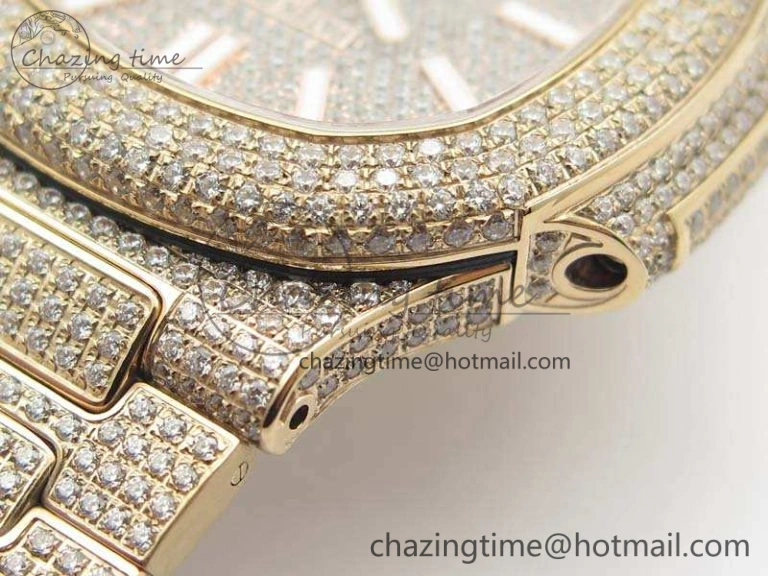 Comfortable Nautilus Jumbo 5711 Full Paved Diamonds Case Diamond Dial On RG Full Paved Diamonds Bracelet A 9030