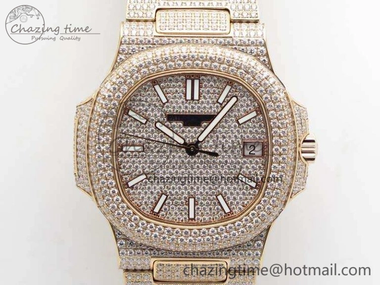 Comfortable Nautilus Jumbo 5711 Full Paved Diamonds Case Diamond Dial On RG Full Paved Diamonds Bracelet A 9030