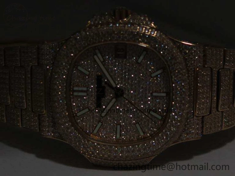 Comfortable Nautilus Jumbo 5711 Full Paved Diamonds Case Diamond Dial On RG Full Paved Diamonds Bracelet A 9030