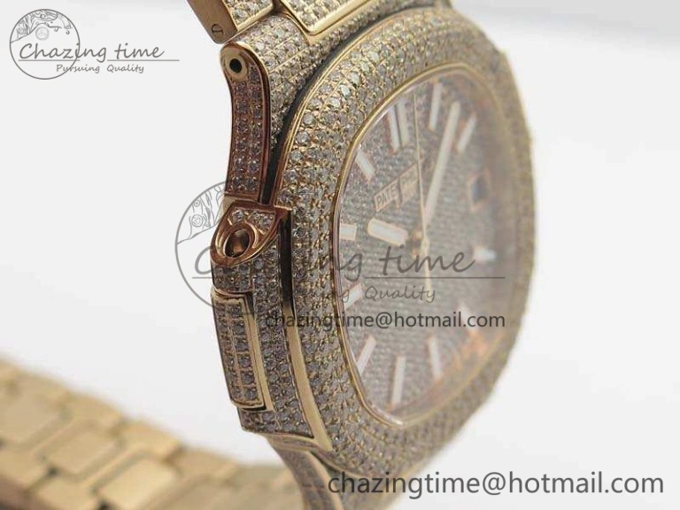 Comfortable Nautilus Jumbo 5711 Full Paved Diamonds Case Diamond Dial On RG Full Paved Diamonds Bracelet A 9030