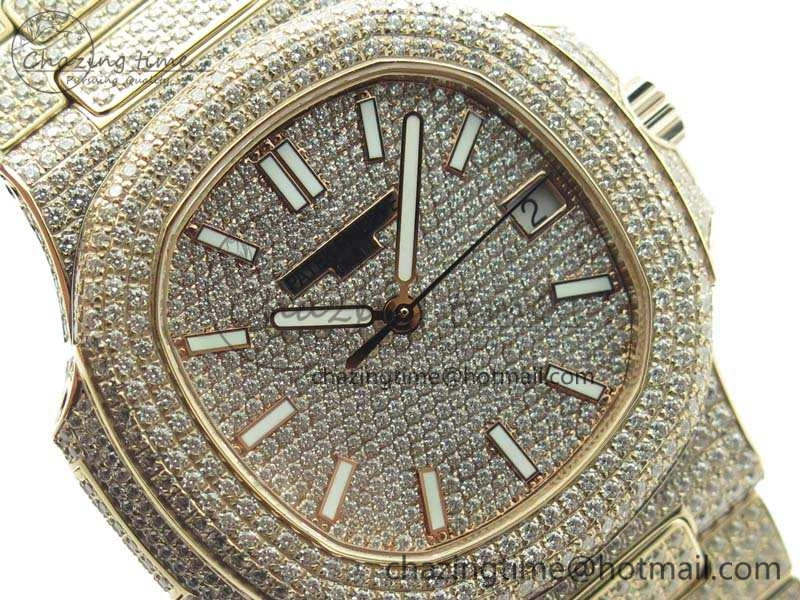 Comfortable Nautilus Jumbo 5711 Full Paved Diamonds Case Diamond Dial On RG Full Paved Diamonds Bracelet A 9030